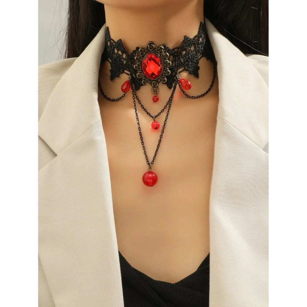 Red Black Rose Rockabilly Retro RUBY Choker necklace Gothic Steampunk Christmas